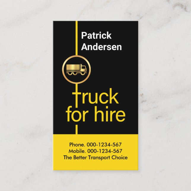 Yellow Truck For Hire Trucking Business Card (Front)