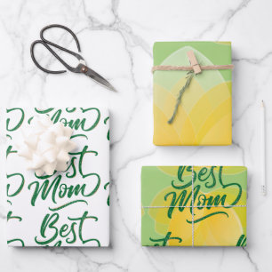 Yellow Tulip Design, Script Lettering Best Mum Wrapping Paper Sheet