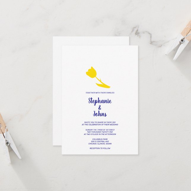 Yellow Tulip Floral Navy Blue White Pretty Wedding Invitation (Front/Back In Situ)
