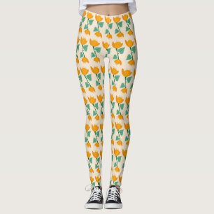 Yellow tulip floral pattern on cream leggings