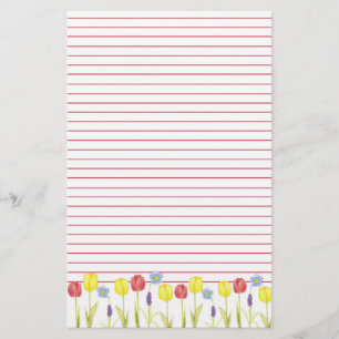 Yellow Tulip Flower Garden Red Lined Stationery