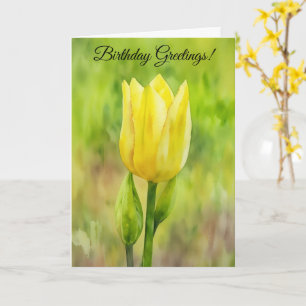Yellow Tulip Flower Watercolor Art Style Birthday Card