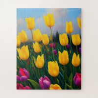Yellow Tulip Garden Oil Paint, Jigsaw Puzzle