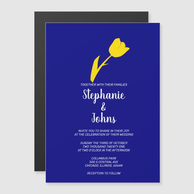 Yellow Tulip Navy Blue Colourful Spring Summer Magnetic Invitation (Front/Back)