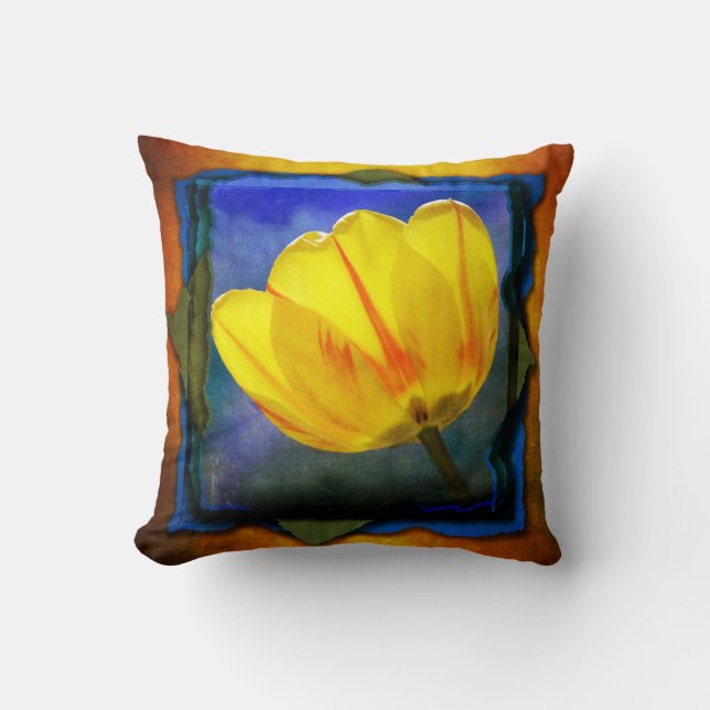 Yellow Tulip on Blue Green Orange Grunge Pillow (Front)
