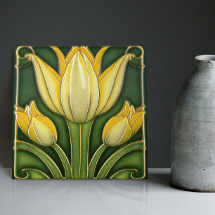Yellow Tulip Symmetric Wall Decor Art Nouveau Tile