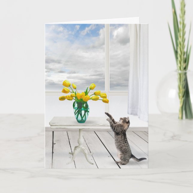 Yellow Tulips and Cat Birthday Card (Front)