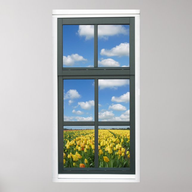 Yellow Tulips Blue Sky Spring Window View Poster (Front)