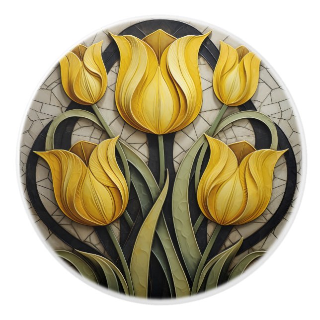 Yellow Tulips Floral Art Nouveau Inspired Nature Ceramic Knob (Front)