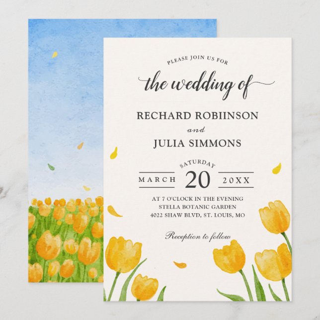 Yellow Tulips Floral Botanical Watercolor Wedding Invitation (Front/Back)