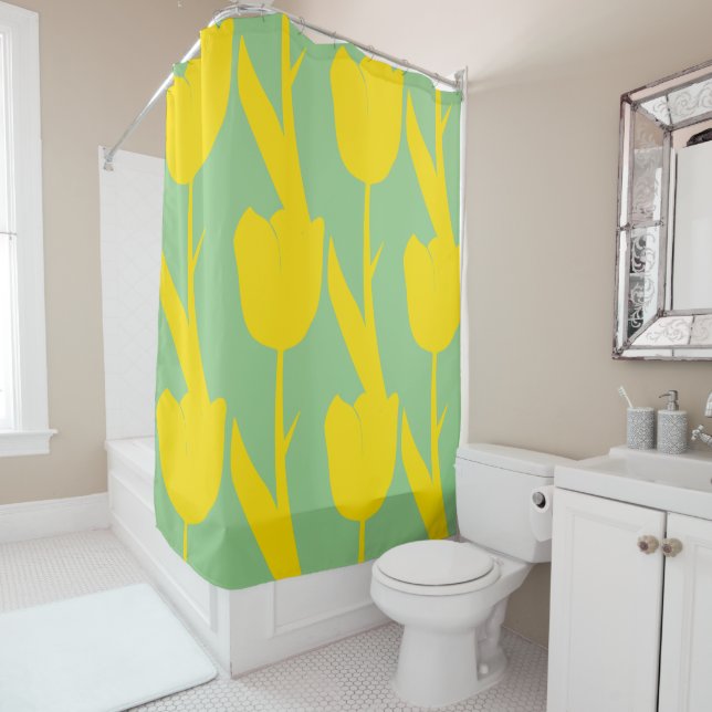Yellow Tulips Floral Flowers Patterns Sage Green Shower Curtain (In Situ)