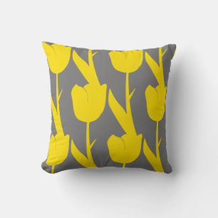 Yellow Tulips Gold Floral Flowers Patterns Grey Cushion