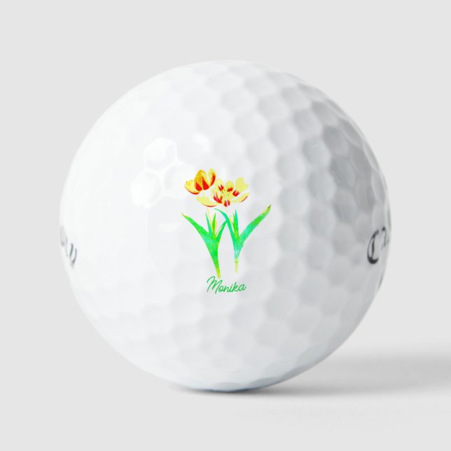 Yellow Tulips Golf Ball With Text (Front)