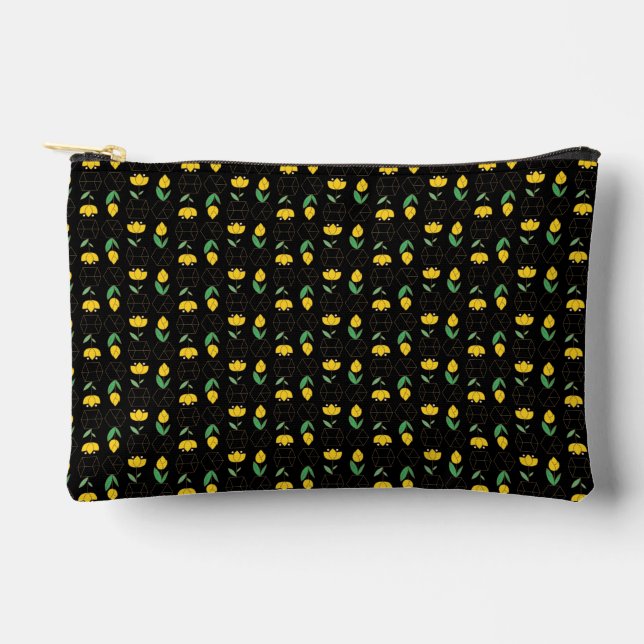 Yellow Tulips in Geometric Vase Black Background Accessory Pouch (Front)