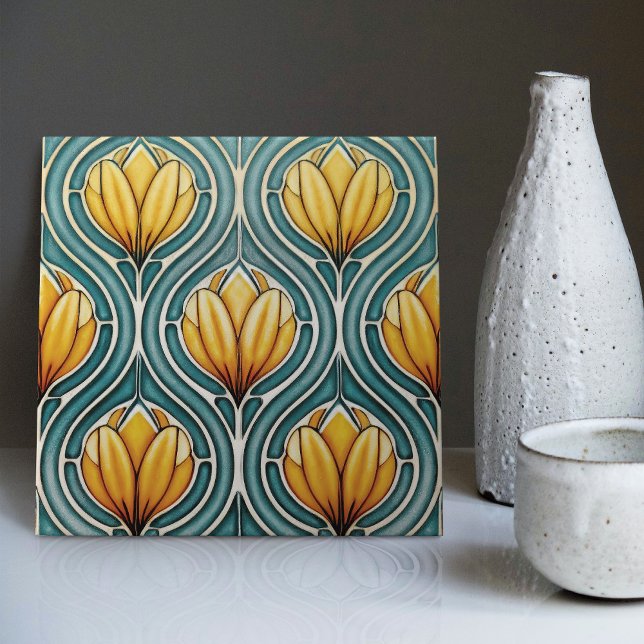 Yellow Tulips on Blue Symmetric Art Nouveau Tile (Creator Uploaded)