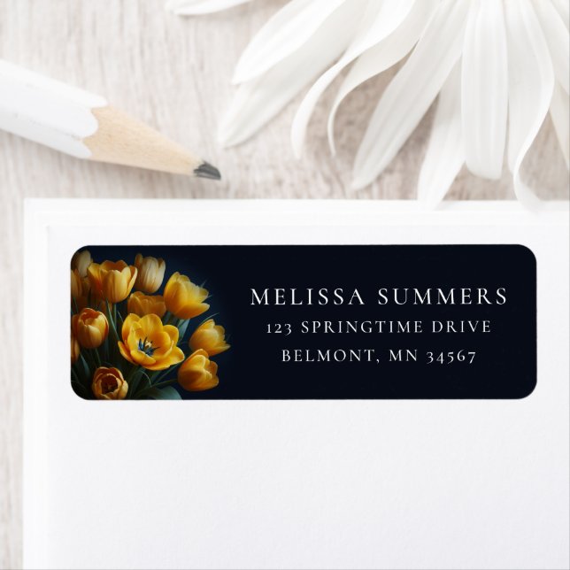 Yellow Tulips on Navy Blue Return Address Label (Insitu)