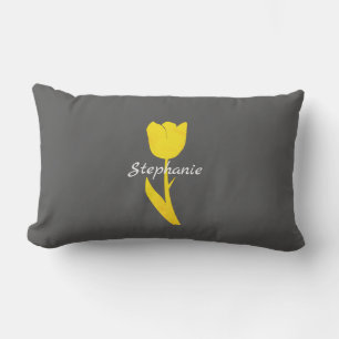 Yellow Tulips Pattern Monograms Floral Grey Custom Lumbar Cushion