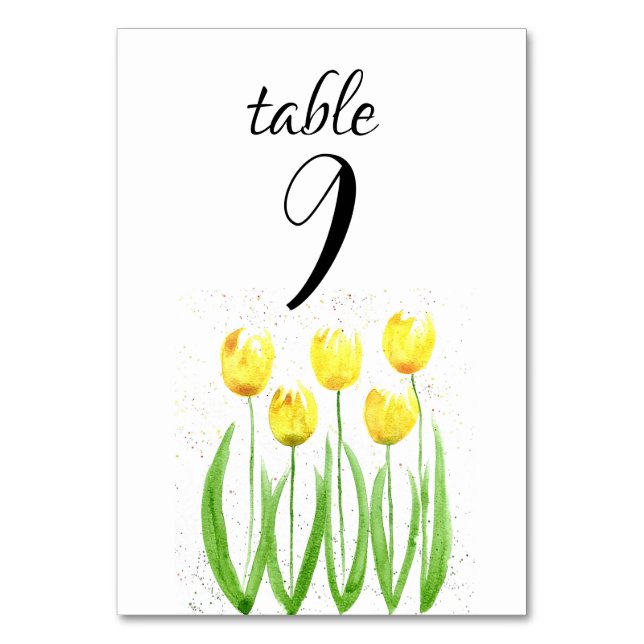Yellow Tulips Spring Floral Flowers Wedding Table Number (Front)