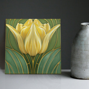 Yellow Tulips Symmetric Wall Decor Art Nouveau Tile