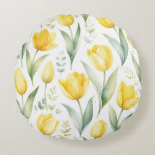 Yellow Tulips Watercolor Floral Painting Botanical Round Cushion