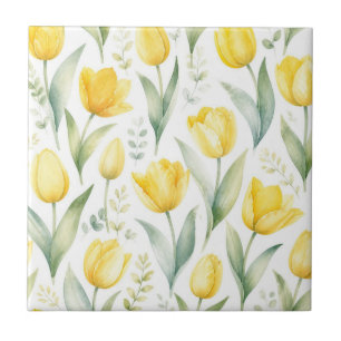Yellow Tulips Watercolor Floral Painting Botanical Tile