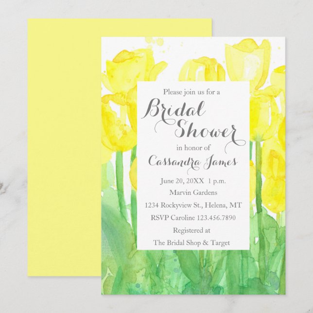 Yellow Tulips Watercolor Flowers Bridal Shower Invitation (Front/Back)