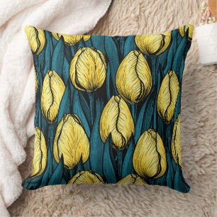 Yellow tulips with blue leaves cushion