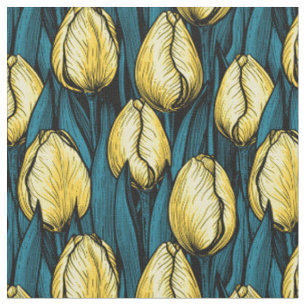 Yellow tulips with blue leaves fabric