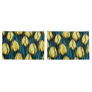 Yellow tulips with blue leaves pillowcase