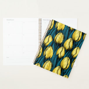 Yellow tulips with blue leaves planner