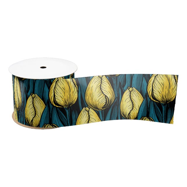 Yellow tulips with blue leaves satin ribbon (Spool)