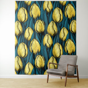 Yellow tulips with blue leaves tapestry