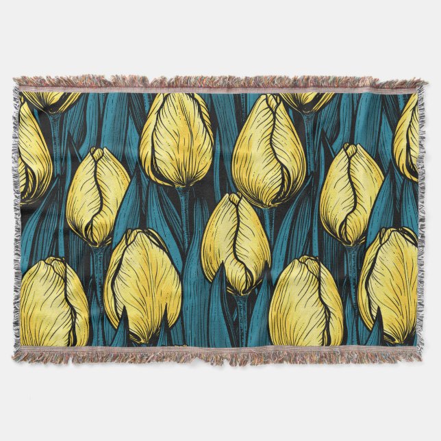 Yellow tulips with blue leaves throw blanket (Front)