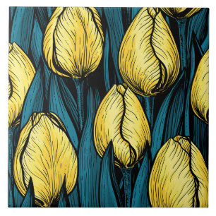 Yellow tulips with blue leaves tile