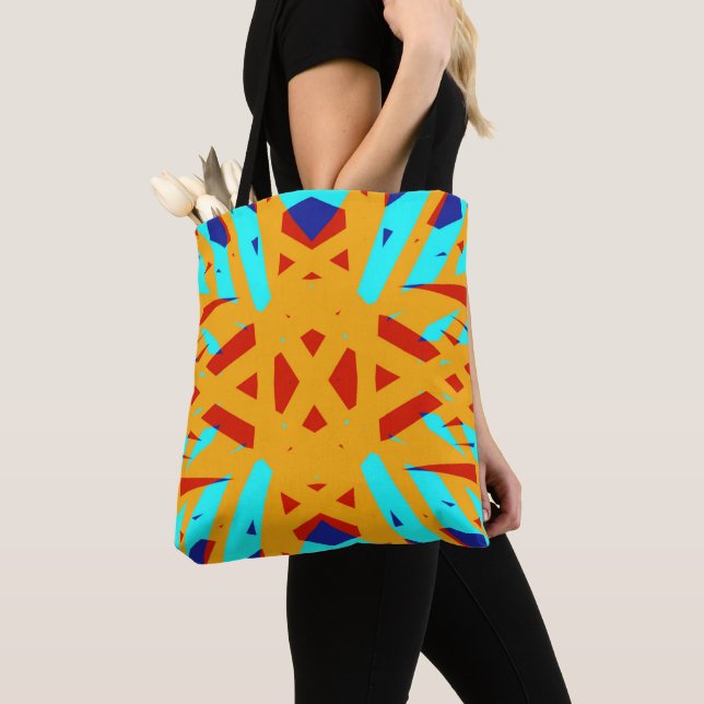 Yellow Turquoise Blue Geometric Cross Art Deco Tote Bag (Close Up)