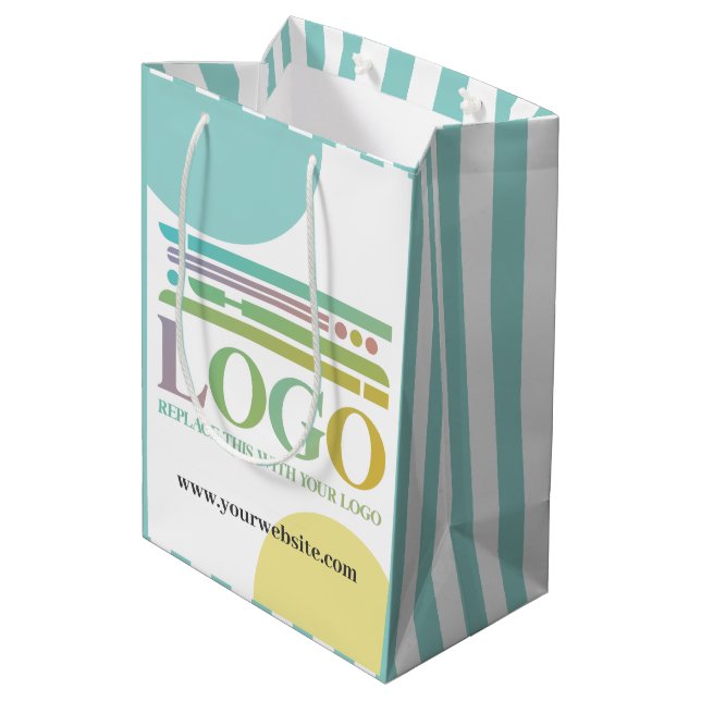 Yellow Turquoise Circles Stripes Logo Website Medium Gift Bag (Back Angled)