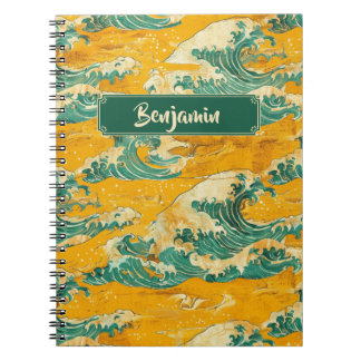Yellow Turquoise Japanese Ocean Waves Traditional Notebook