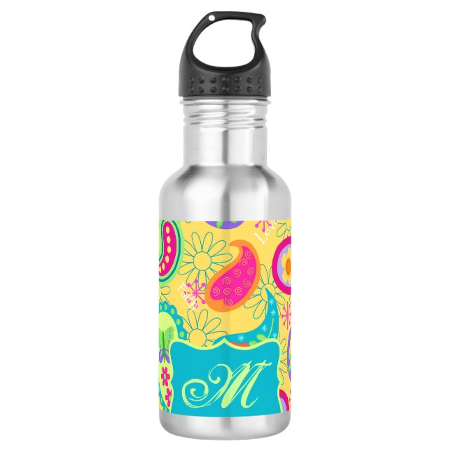 Yellow Turquoise Modern Pasley Pattern Monogram 710 Ml Water Bottle (Front)