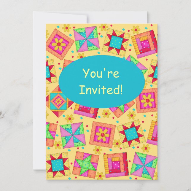 Yellow & Turquoise Patchwork Quilt Block Art Invitation (Front)