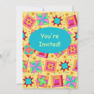 Yellow & Turquoise Patchwork Quilt Block Art Invitation