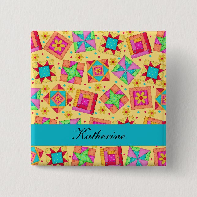 Yellow Turquoise Patchwork Quilt Blocks Name Badge (Front)