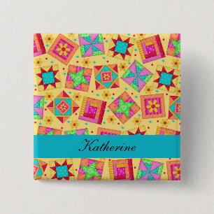Yellow Turquoise Patchwork Quilt Blocks Name Badge