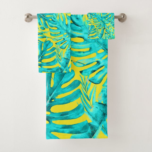 Yellow & Turquoise Tropical Palm Leaves Island  Bath Towel Set (Insitu)