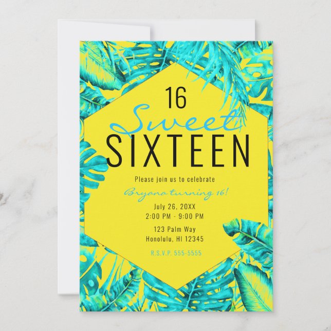 Yellow & Turquoise Tropical Palm Leaves Sweet 16 Invitation (Front)