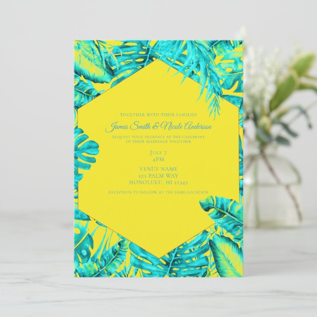 Yellow & Turquoise Tropical Palm Leaves Wedding In Invitation (Standing Front)
