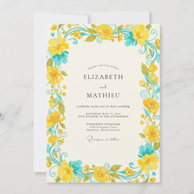 Yellow Turquoise Vine Wedding Invitation (Front)