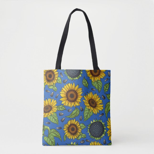 Yellow Ukraine Sunflowers On Blue Tote (Front)