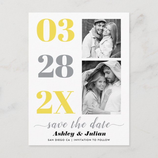 Yellow, ultimate grey two photo Save the Date Postcard (Front)