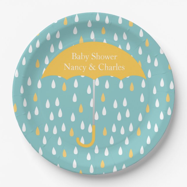 Yellow Umbrella Baby Shower Plate (Front)