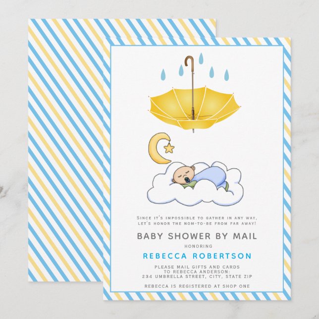 Yellow umbrella, sleeping baby boy shower by mail invitation (Front/Back)